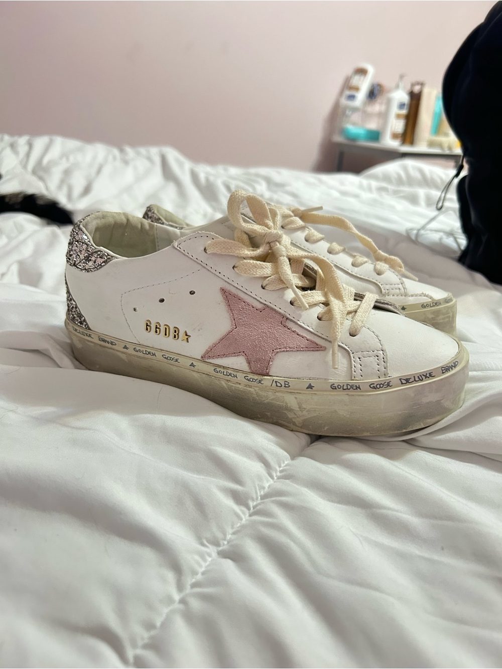 Golden Goose HI STAR Sneakers with Pink Star and Silver Glitter Heel